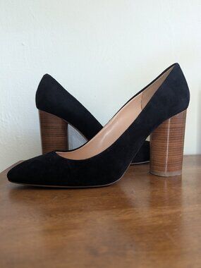 J Crew women's Etta pumps in black suede with wood stack heels, 10